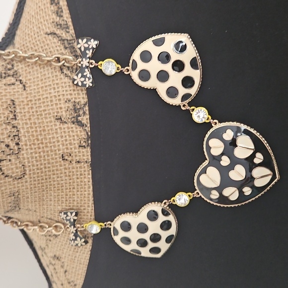 Betsey Johnson Heart Necklace Black White Bows Gold Tone Chain - Picture 8 of 9